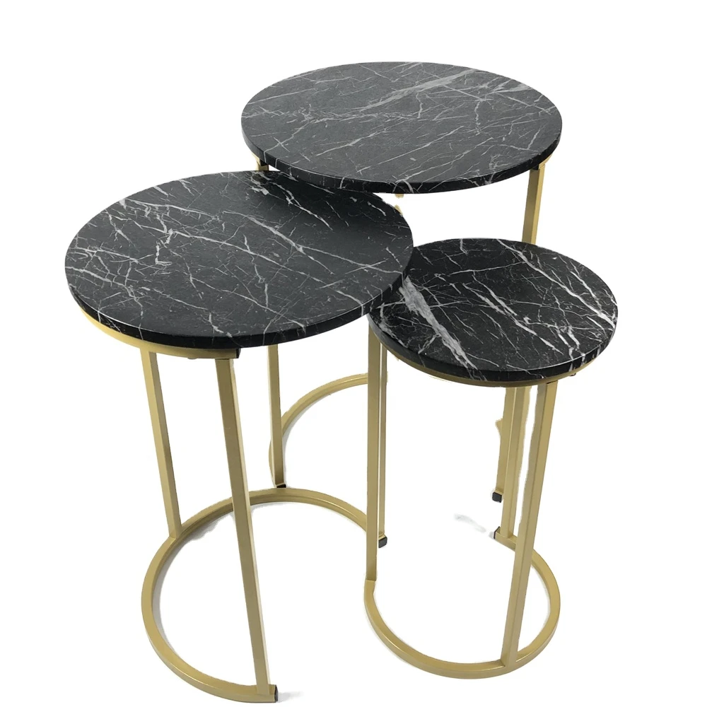 High Gloss Set of 3 Coffee Nest Tables Side End Table Marble Effect Black & Gold