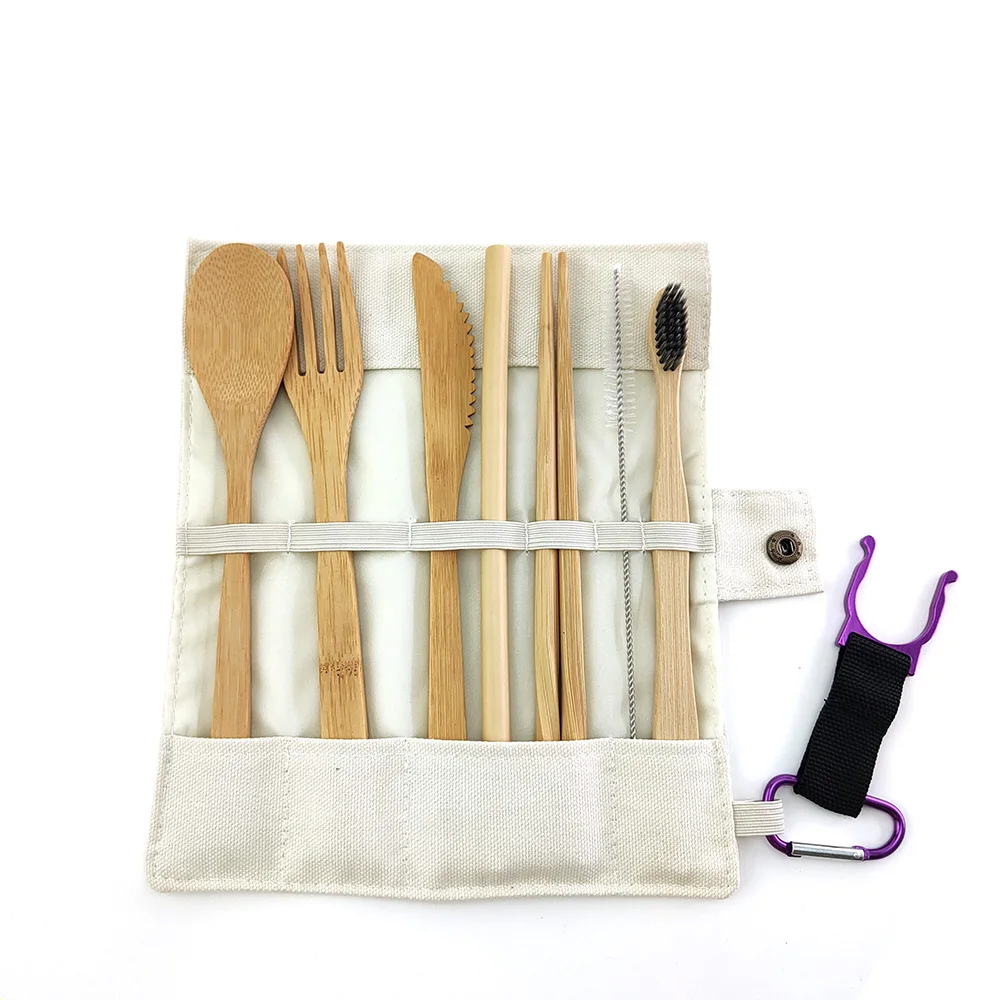 Bamboo dining utensil set knife/fork/spoon/Chopsticks/straw/brush/toothbrush travel cutlery set with custom bag