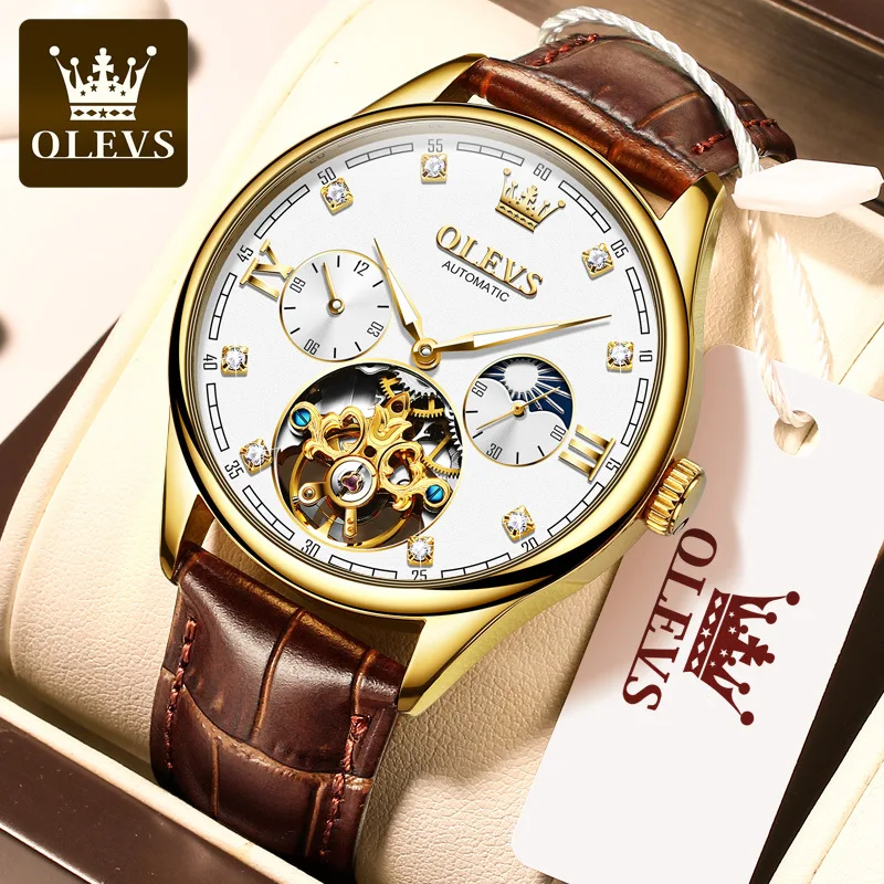 OLEVS 3601 luxury Brown man mechanical watch weird PU leather strap double time lighter automatic sports wrist watch