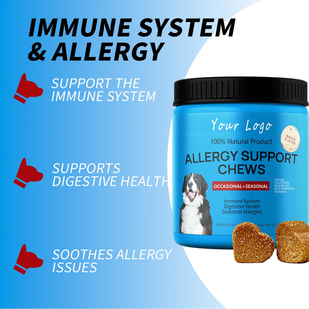 Allergy Support Chews for Pets Turkey and Tuna Flavored Supplement Powders in Bottles Customizable for Cats Fish Health Care