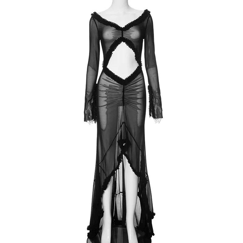 Summer Long Sleeves Mesh See Through Dresses Women Sexy V Collar Hollow Out Structuring Maxi Hem Beach Summer Dress for Women