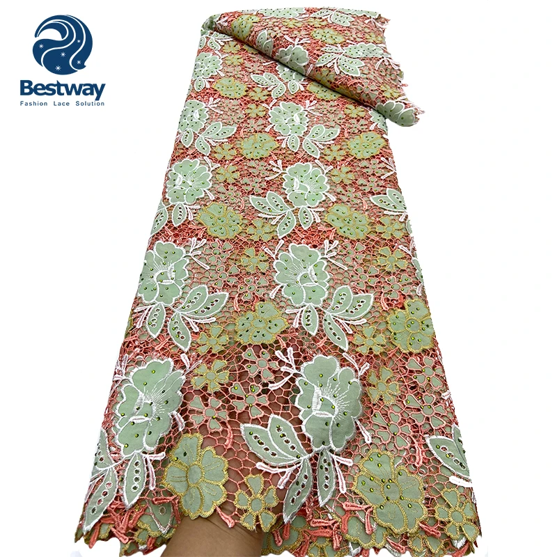 Bestway Yellow Guipure Cord Lace Fabric African Wedding Bridal Dress With Stones