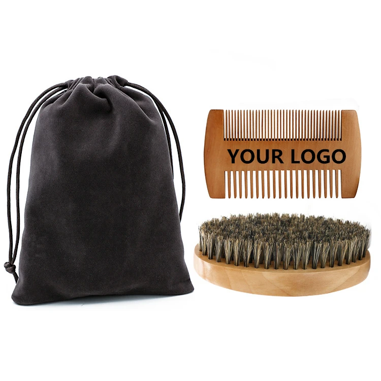 Private Label Beard Wooden Comb Wood Brush Boar Bristle Mens Grooming Kit Gift Set