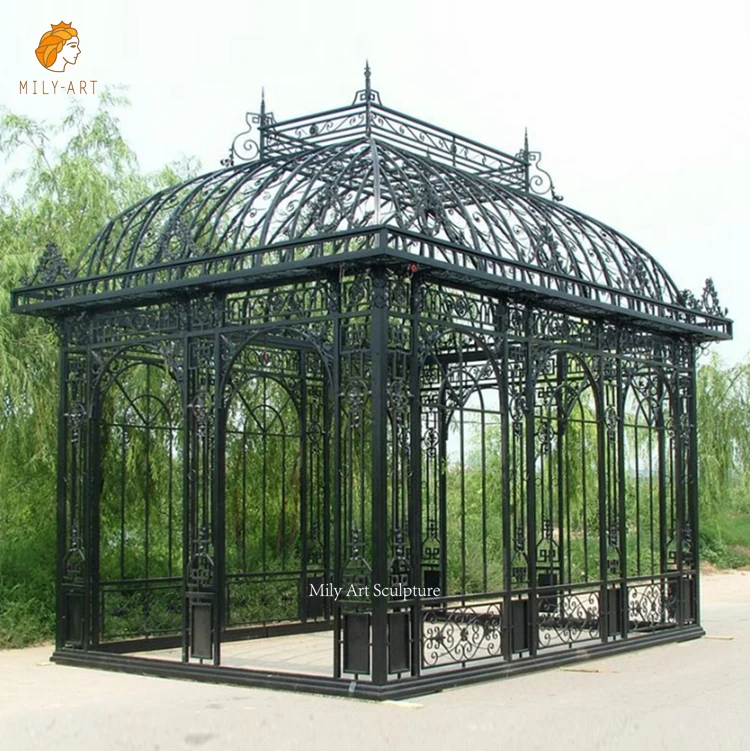 Hot Sale Luxury Design Outdoor Wrought Iron Gazebo Metal Greenhouse with Glass