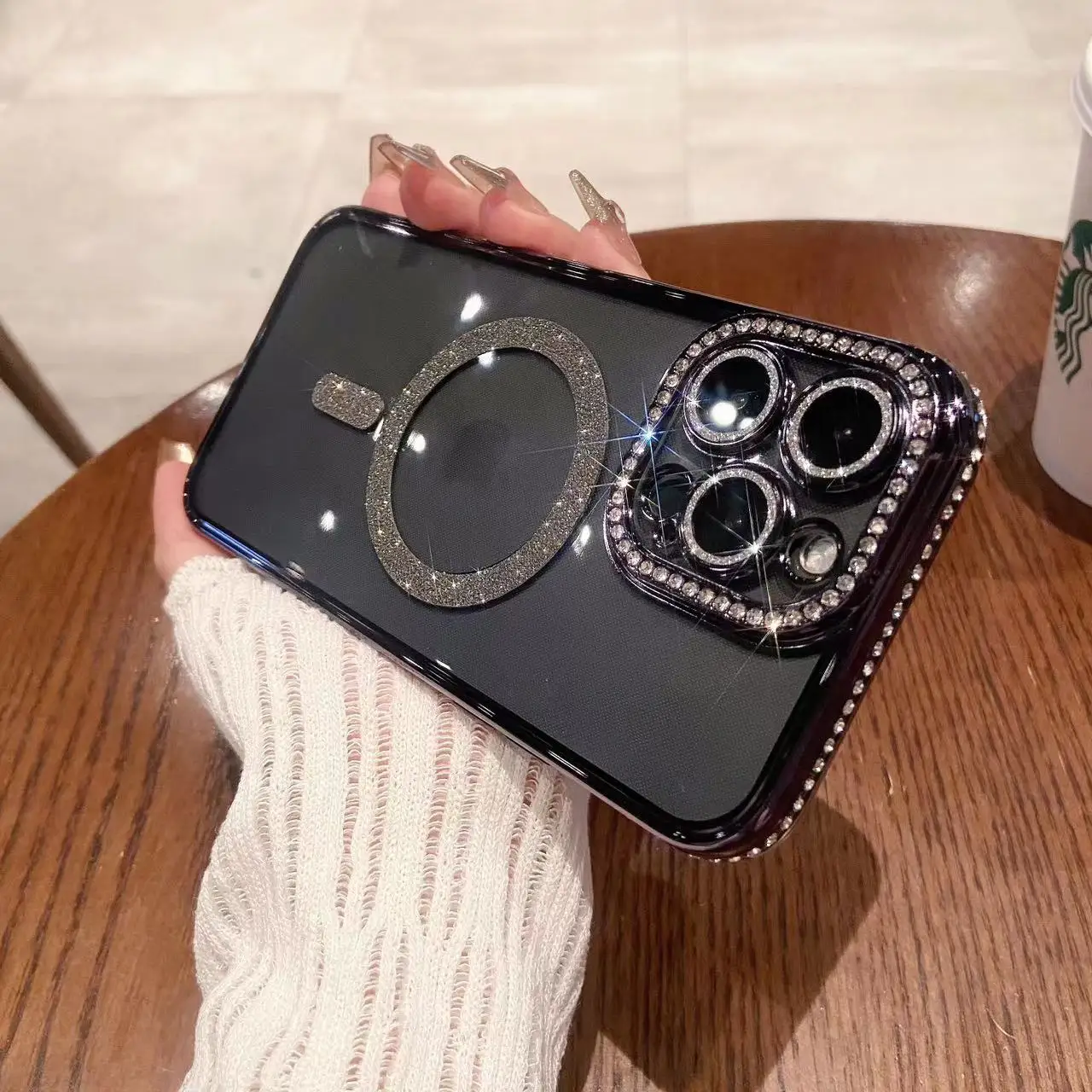 Sparkling powder with diamond cellphone case for iPhone 15 14 13 12 11 with magnetic lens protect bling phone cover