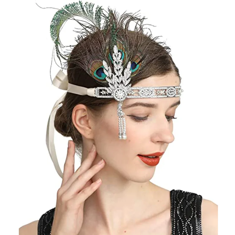 Great Gatsby 1920s Flapper Girl Women  Vintage Party Showgirl Costume Feather Rhinestone Headband Elastic Hairband