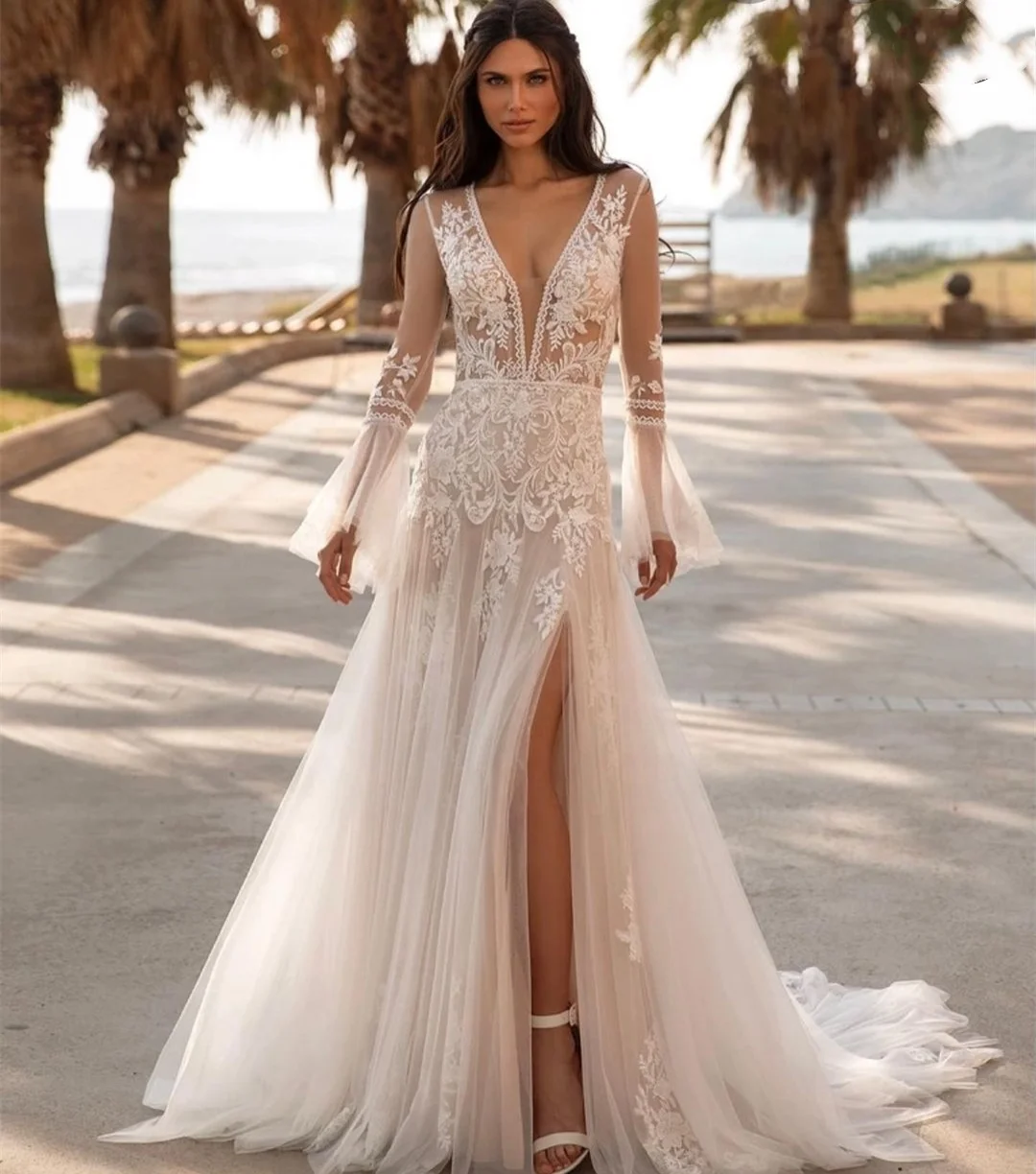 9358#Boho Lace Wedding Dresses 2021 Beach Side Slit Bridal Dress V-Neck Sweep Train Flare Sleeves Bohemian vestidos de noiva