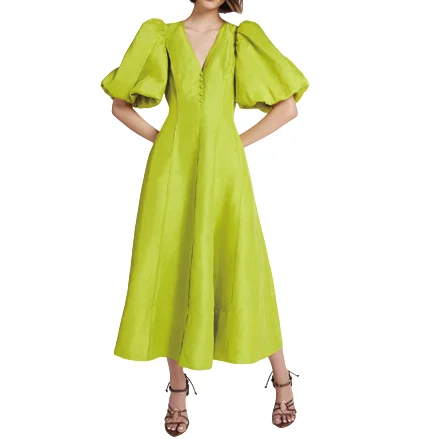 New arrivals elegant casual women high fashion deep v neck puff sleeve party a line midi dress