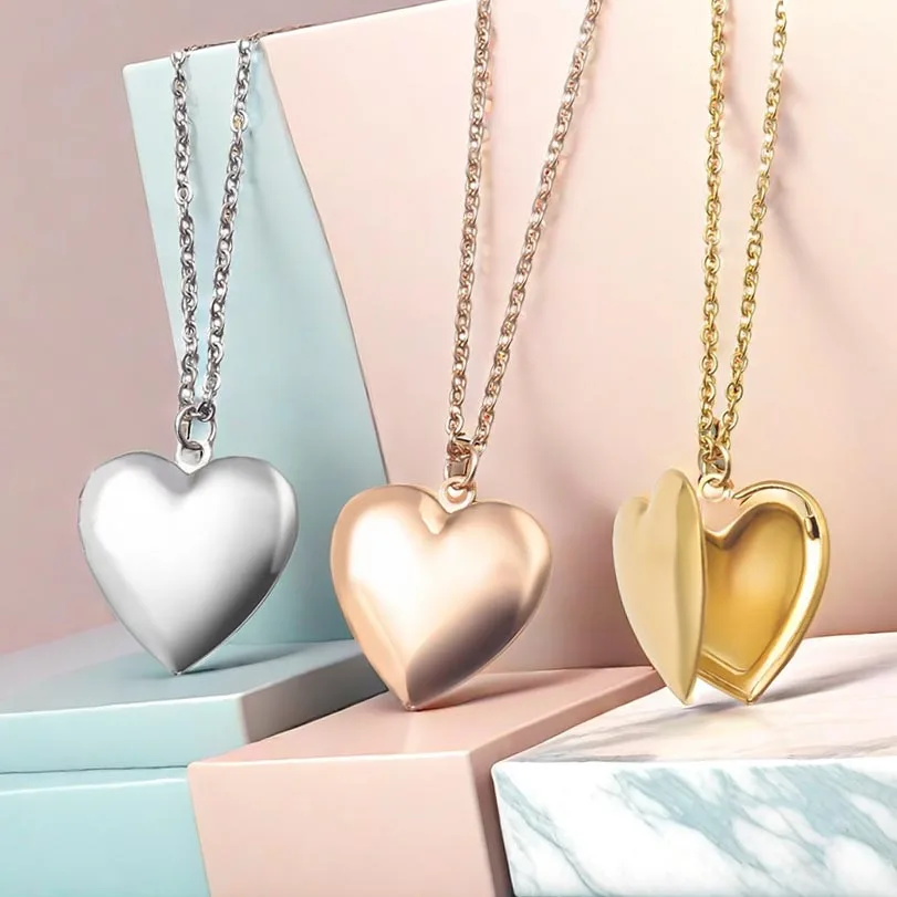 New 18k Gold Plated Stainless Steel Jewelry Open Sublimation Blank Heart Lock Diy Frame Photo Picture Memory Locket Necklace