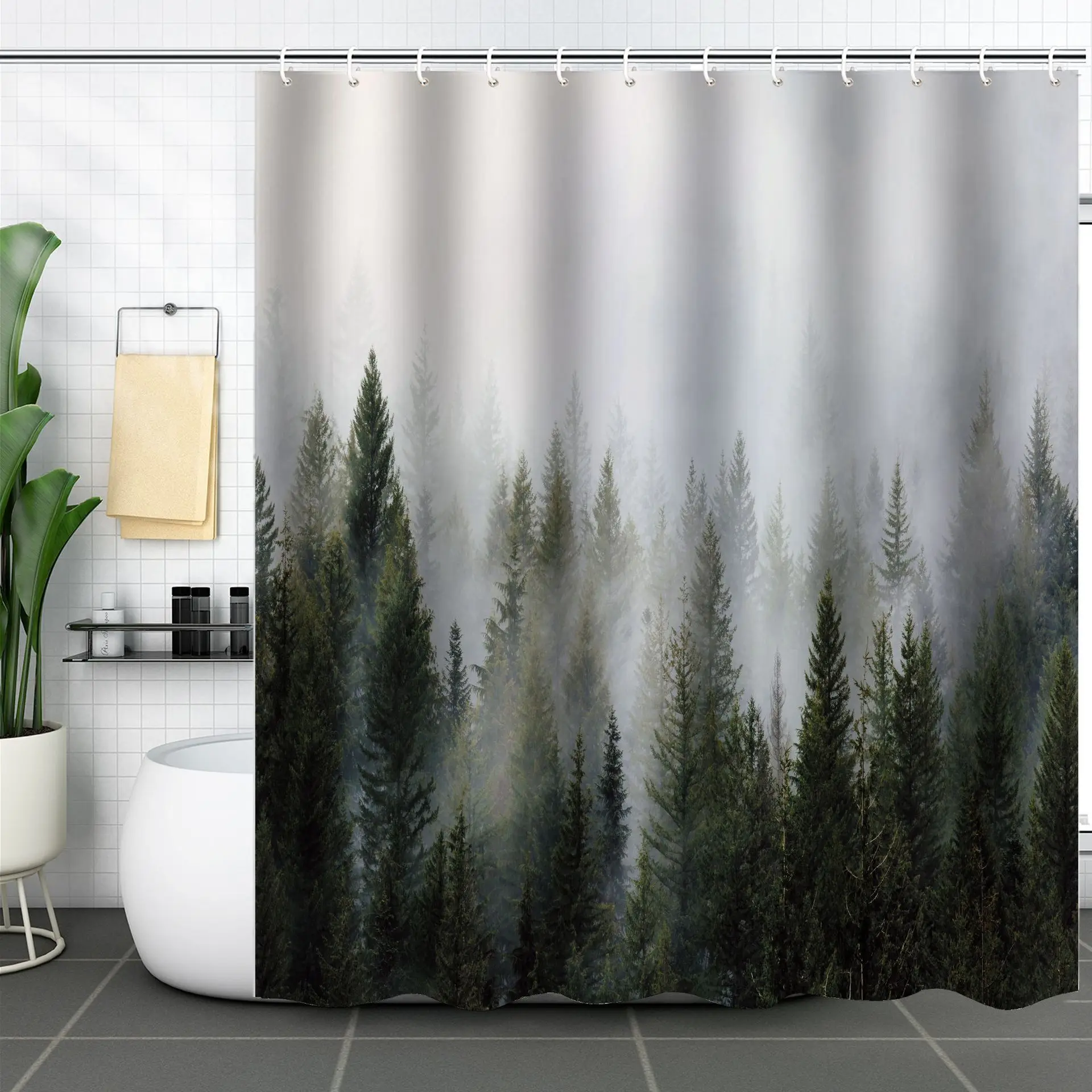 Polyester Waterproof Printing Mountain Misty Forest Tree Woodland Hooks Printed Shower Curtain For Bathroom