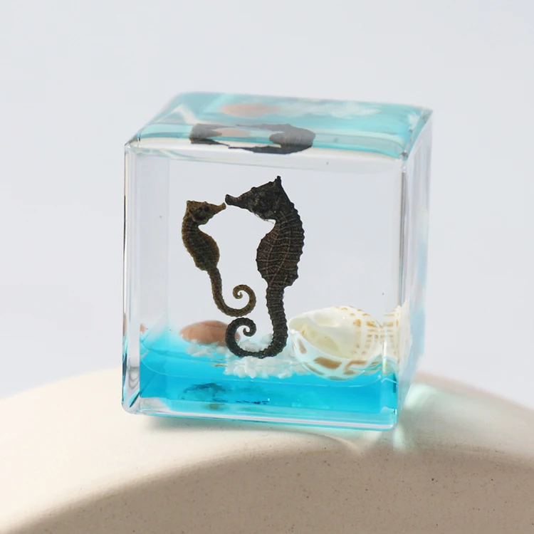 Fantasy Theme Cube Seahorse Collectible Art Resin Sea horse Paperweight Crystal Figurine for Christmas Gifts and Desk Artifacts