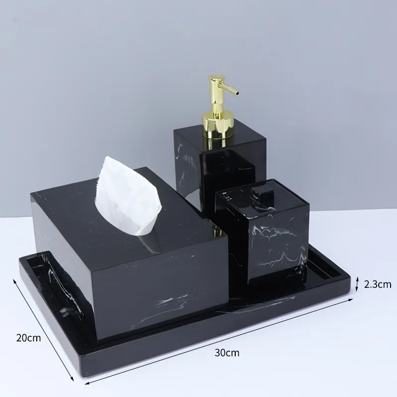 Custom Bathroom Accessories Set Black Marble Effect Modern Hotel Resin Bathroom Accessories Set