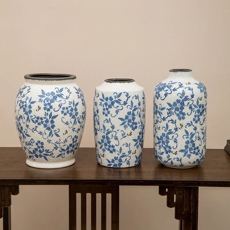 New Chinese blue white porcelain ceramic vase living room retro ice crack ornaments high-grade antique flower arrangement vase