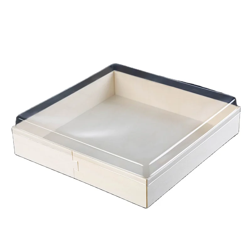 10 inch Biodegradable Wooden Cake Box with plastic base and Lid  Food Grade Disposable Cheese Sushi Packaging Box