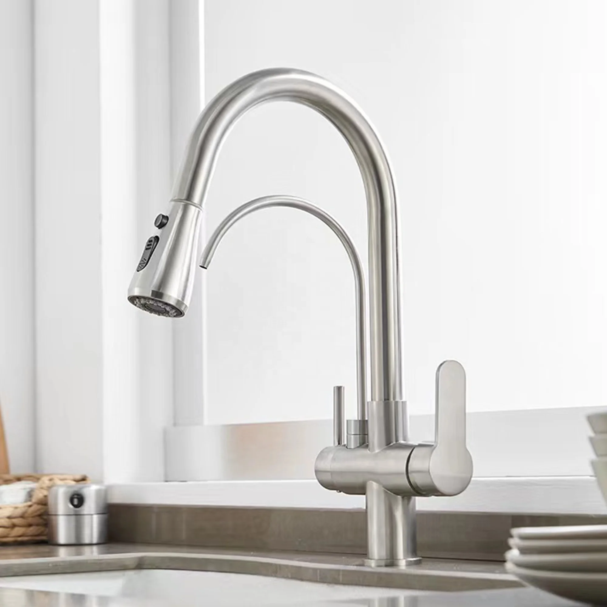 Pull Out Sink Faucet Filter Brass Double Handle Water Tap Modern Kitchen Taps Sprayer Kitchen Mixer Sink Faucets