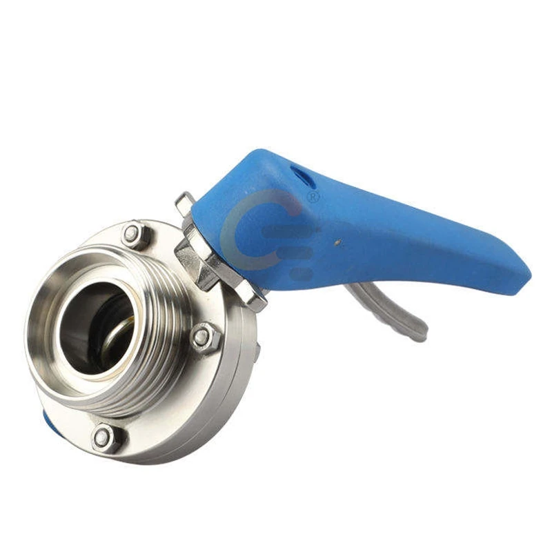 High quality sanitary 304 stainless steel welded threaded manual butterfly valve with blue trigger handle