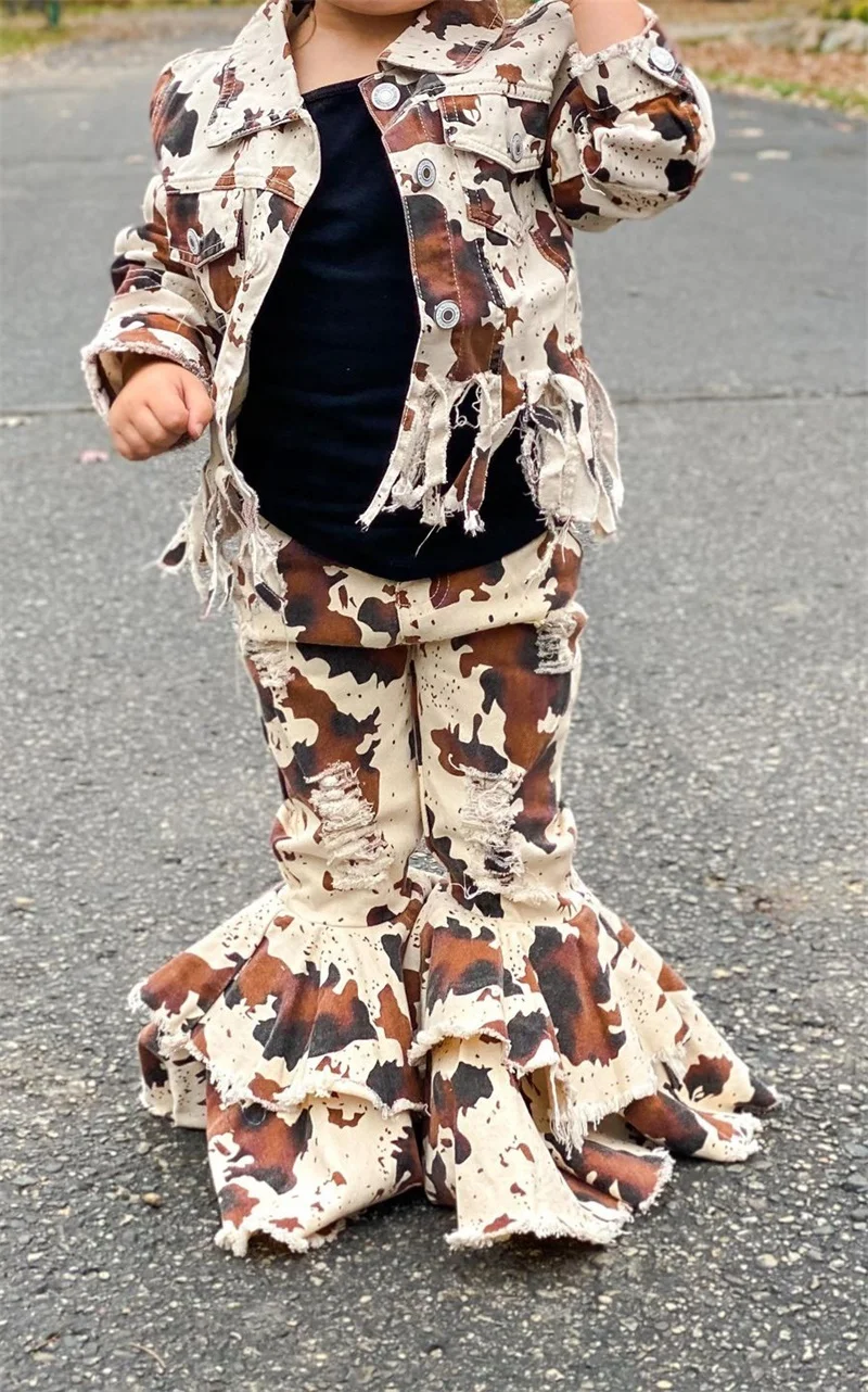 2024 New Western Style Brown Cow Printed Baby Girls Boys Denim Bell Bottoms Pants Children Double Bells Jeans