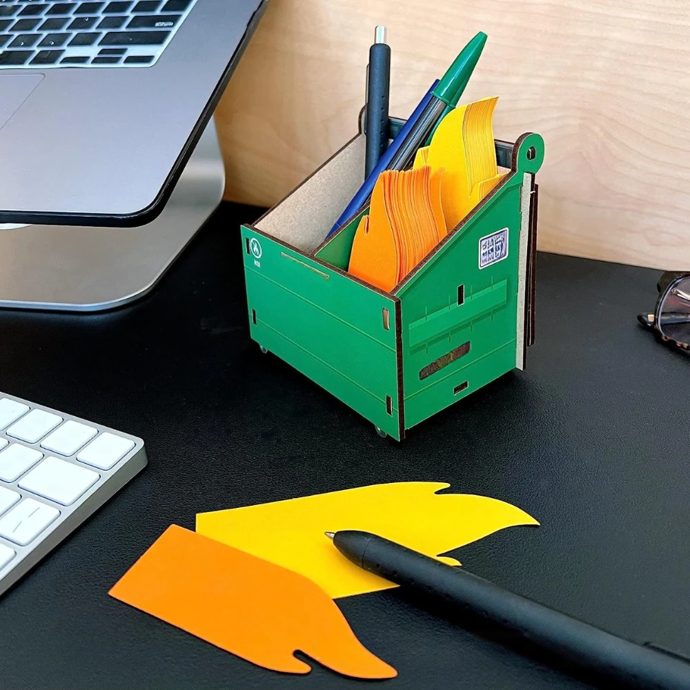 Ikeyword desk dumpster Pencil Holder with Flame Note Cards, 3 compartments for Desk and Office Supplies