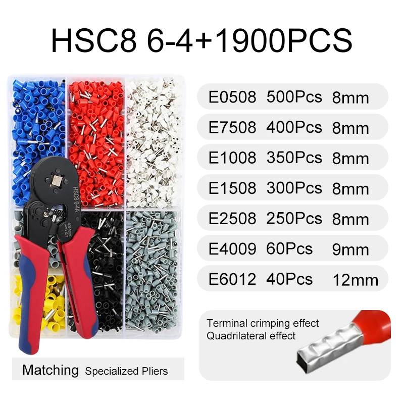 1900pcs HSC8 6-4A E0508 E7508 E1008 E1508 E2508 E40089 E6012 copper wire crimping connectors & terminals kit