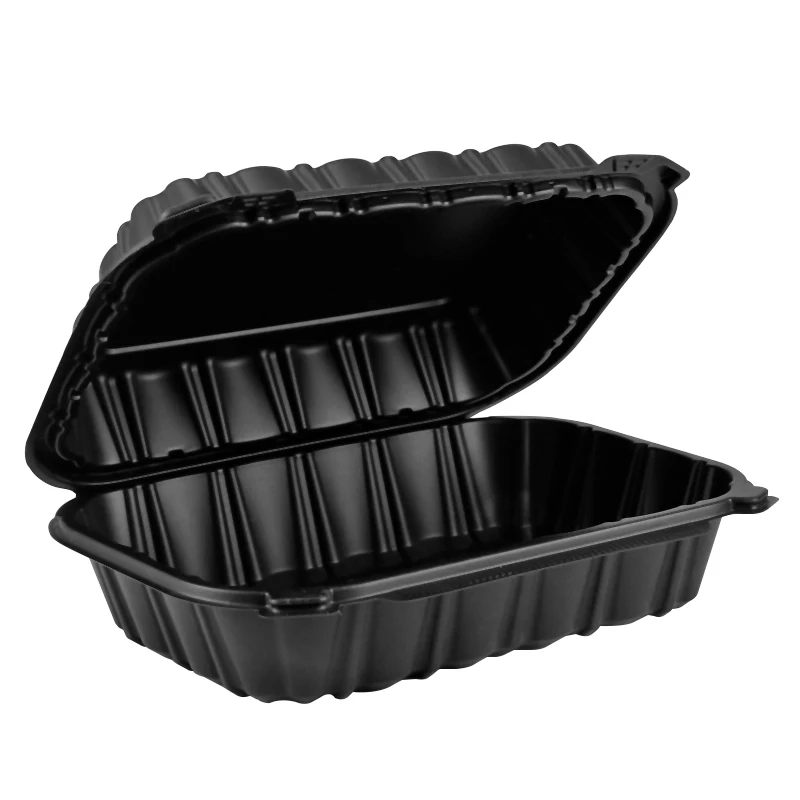 wholesale to go 9 x 6 x 3 inch MFPP eco-friendly hinged lid microwave food container black color plastic lunch box