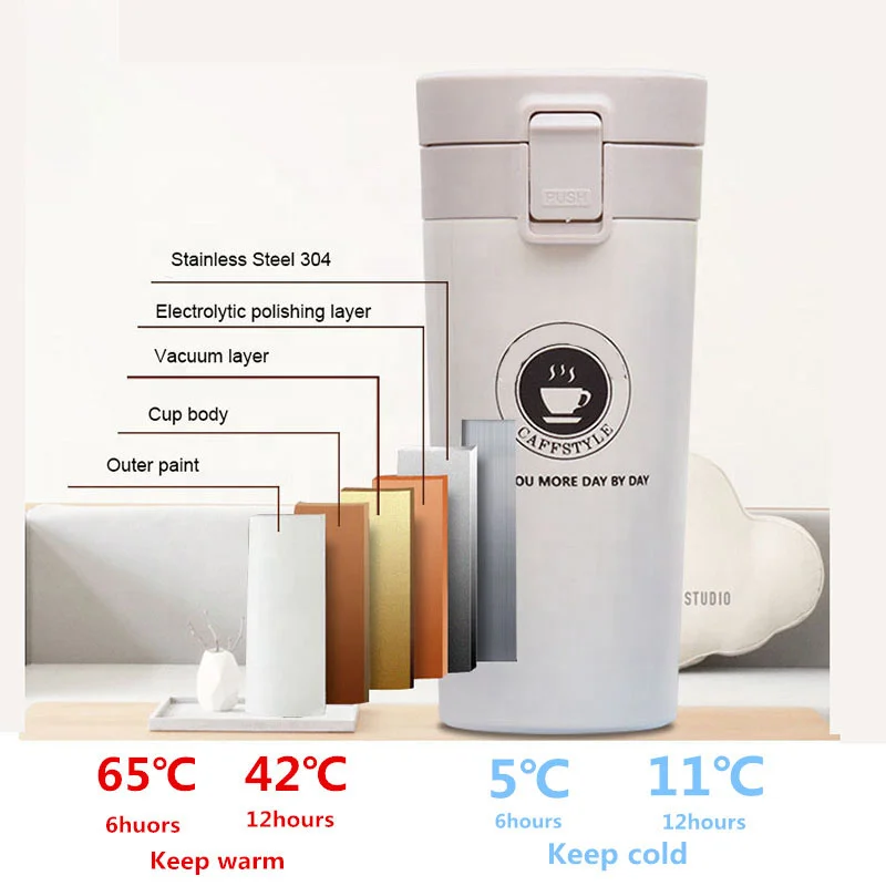 304 Stainless Steel 380ML Thermos coffee Mug Tumbler Vacuum Thermos Travel Hot Water Bag Tea Thermocup