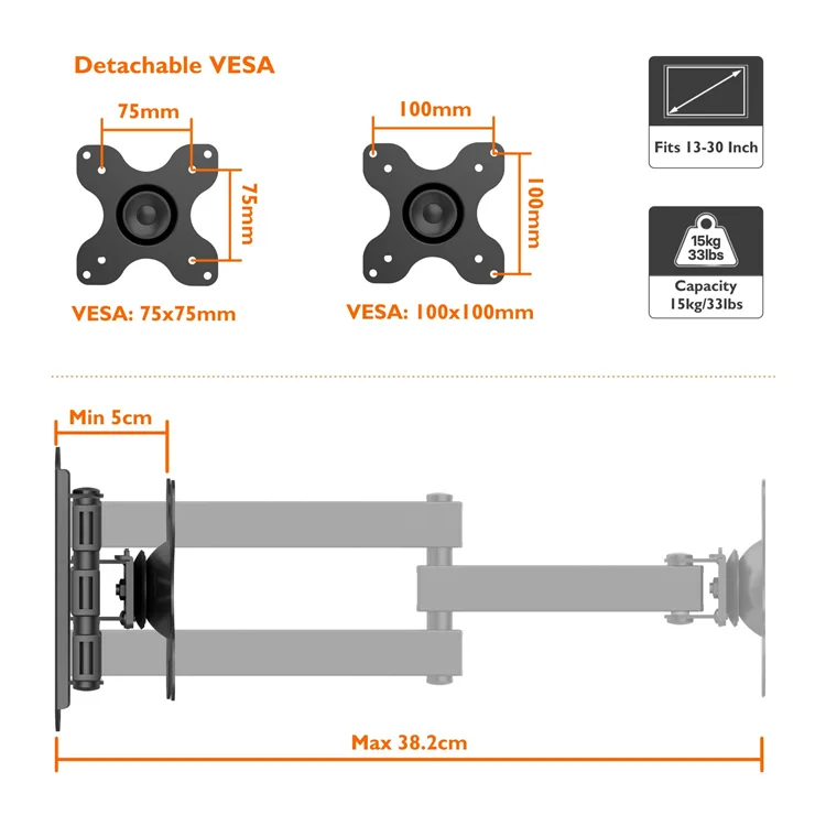 Full Motion Articulating Tilts Swivels Extends Rotates TV Wall Mount Bracket for 13'-30' LCD LED TVs, Max VESA 100X100mm