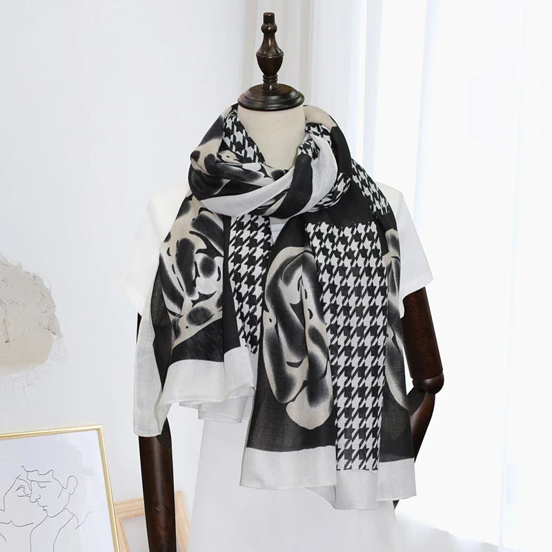 Wholesale Casual Flower And Grid Long Polyester Black Hair Scrunchie Scarf