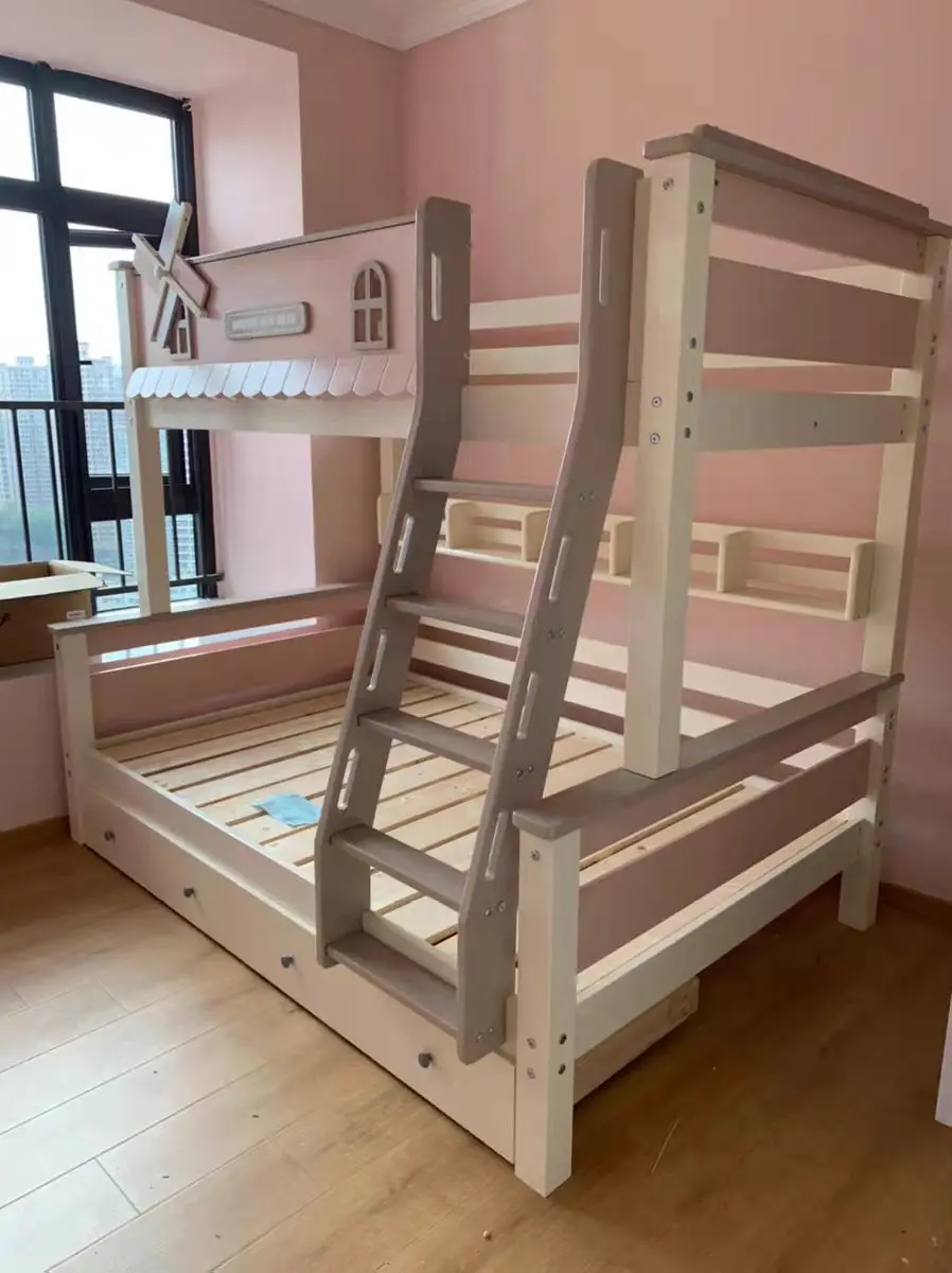 MIDOSO Beauty Modern Hotel Children Dormitory Bedroom Furniture Kid Double Loft Beds Set with Slide Bunk Wooden Wood Pink 1 Set