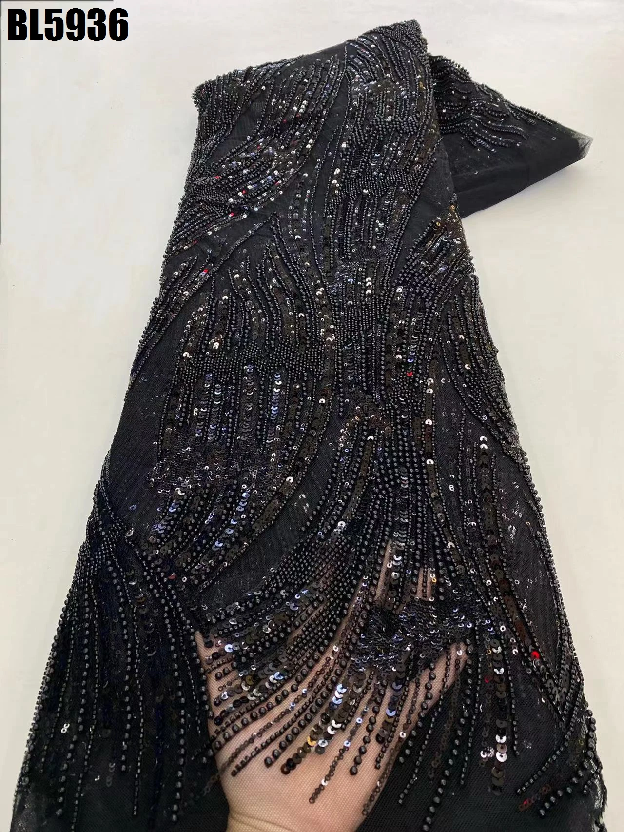 Luxury European Fashion Milan Wedding Dress Fabric Heavy Beads Sequins Mesh Lace French Embroidered Beaded Wedding Party Dress