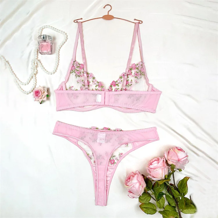 New Fat MM Sexy three-point backless Transparent Lace C Embroidery Sexy Underwear Set