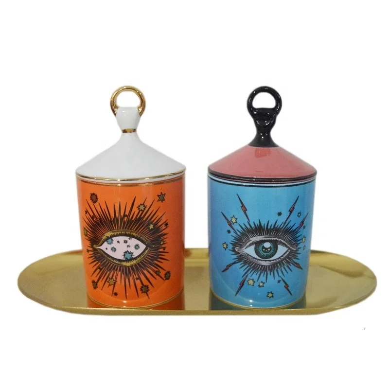 Bestsun Modern Custom Glossy Blue Orange Big Devil Eye Ceramic Candle Vessels With Lid
