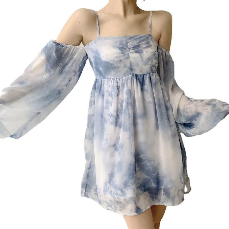 2021 New Arrivals Girls Summer Tie Dye Halter Mini Chiffon Dresses Amazon Hot Sale Sexy Off Shoulder Low Cut Retro Blue Dresses
