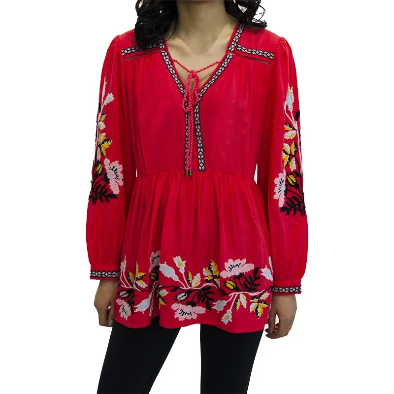 OEM Spring new women floral embroidered tops red plus size casual  blouse