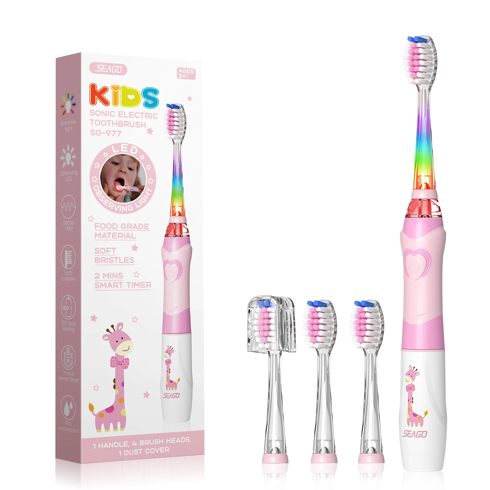 Seago SG-977 Colorful LED Light 2 Minutes Auto-Timer Kids Child Battery Sonic Electric Toothbrush With IPX7 Waterproof