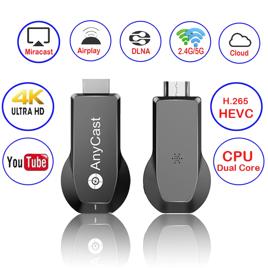 Anycast M100 2.4G/5G 4K Miracast Any Cast Wireless DLNA AirPlay  TV Stick Wifi Display Dongle Receiver for IOS Android PC