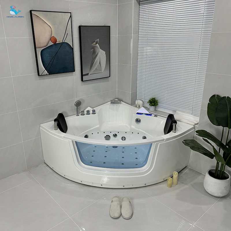 Kinglauren Modern Corner Design White Acrylic Soaking Whirlpool Bathtub Drainer Massage Function with Glass