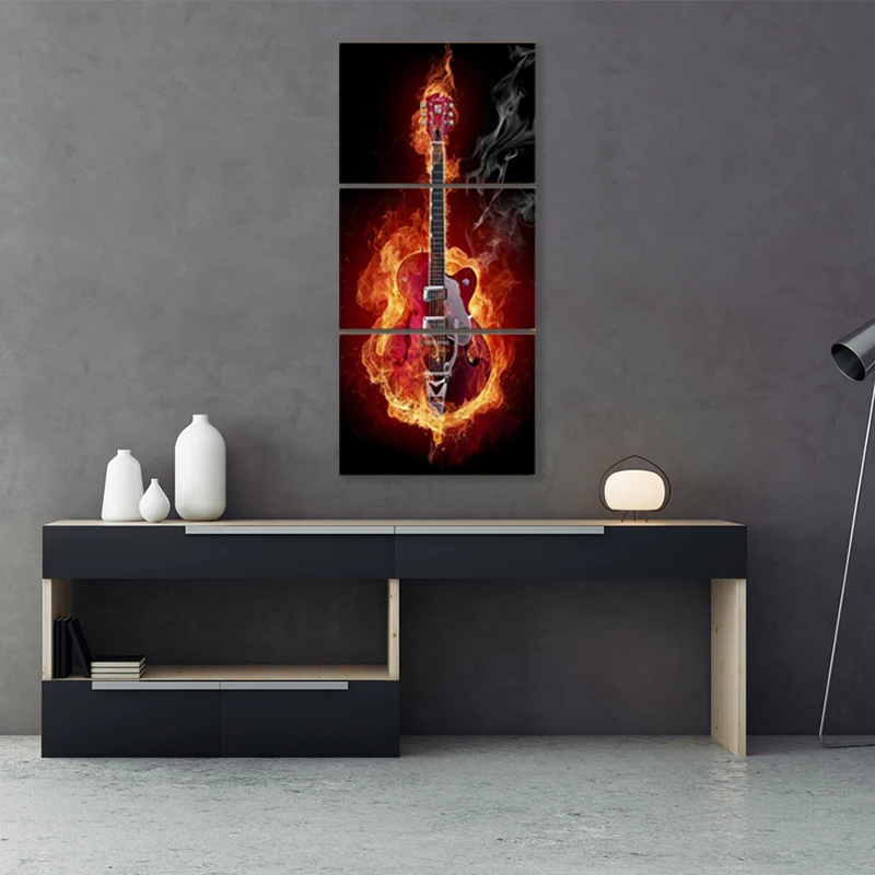 Music Art 3 Panel Wall Painting Modern Home Decors Black Burning Guitar  Art Pictures Decorn On Canvas Painting Printed
