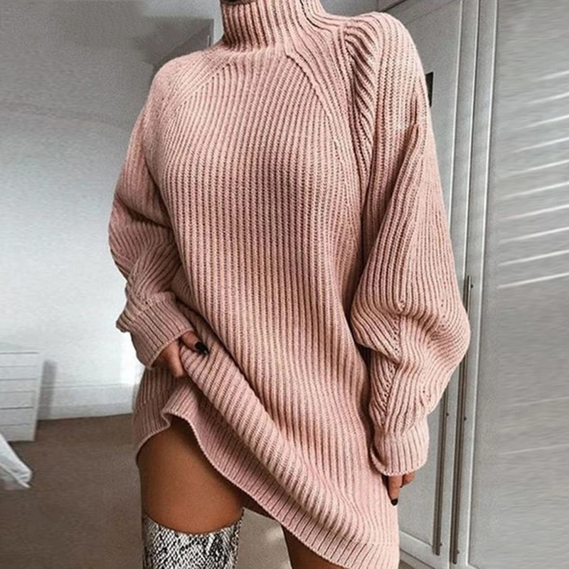 
Knitting Turtleneck Sweater Dress Women Fashion 2019 Autumn Winter Solid Long Sleeve Dresses Basic Slim Female Clothing 