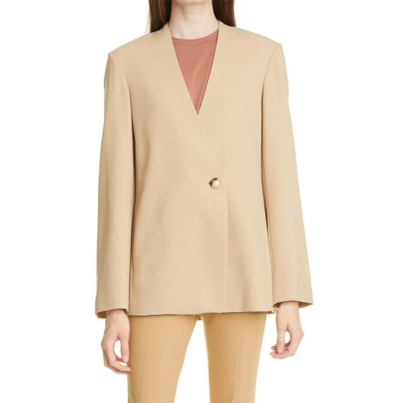 Customized Chic Classic Women Suits Long Sleeves Manufacturer Collarless Single Button Wool Blend Ladies Blazer Jacket