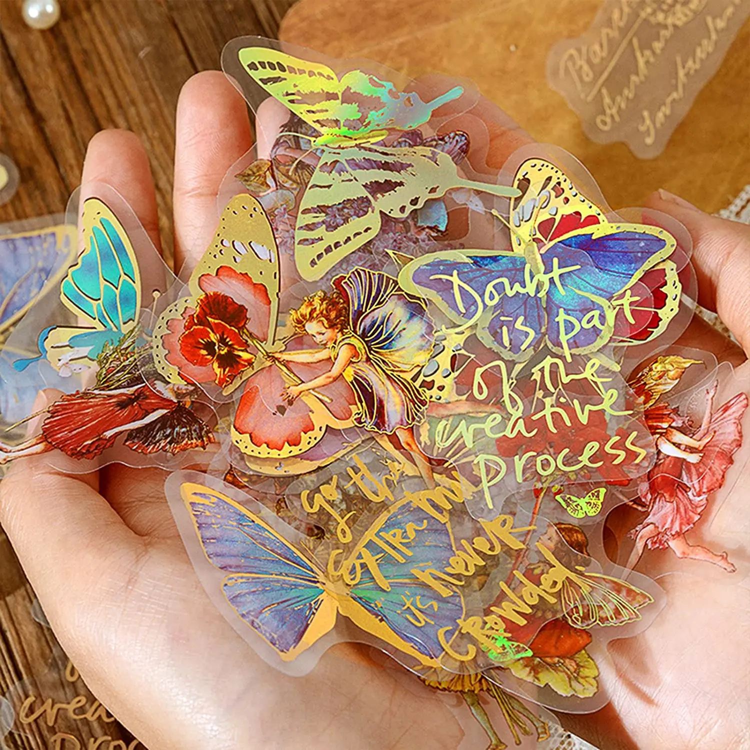 Fairy Gold foil Holographic Stickers  Waterproof Stickers,Butterfly,Flower Vintage letter Planner Stickers for Scrapbook