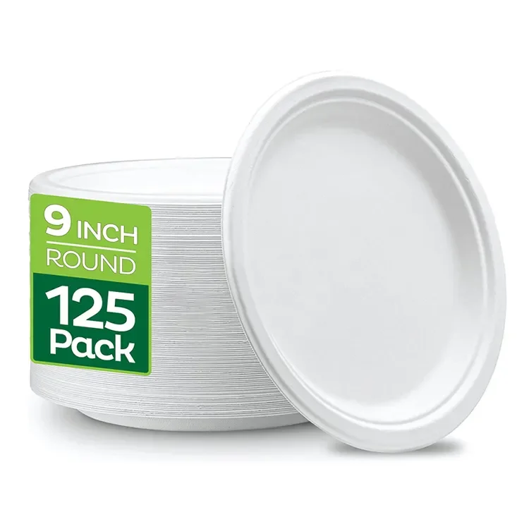 Natural Sugarcane Fibers Uncoated Compostable 9 Inch Heavy Duty Plates Biodegradable Paper Plates