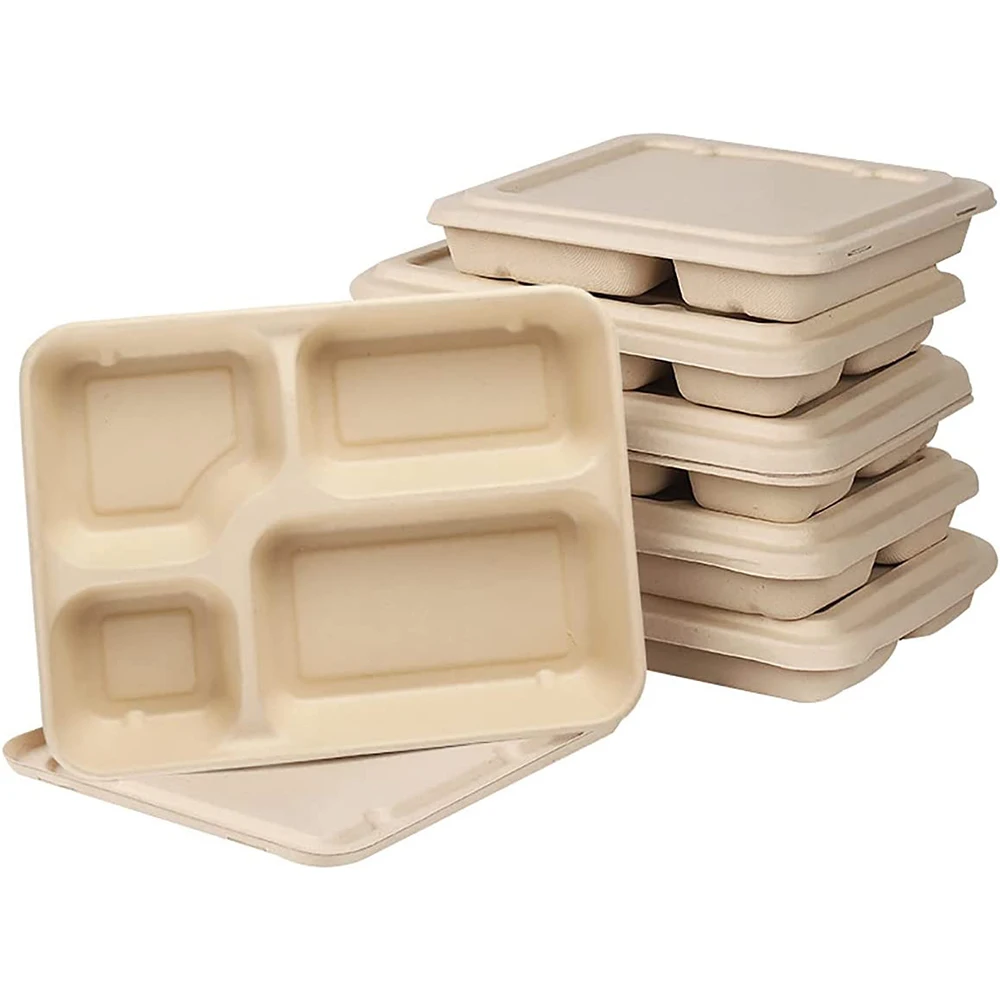 Eco-friendly растительных волокон фаст-фудов вынуть герметичный стеклянный морозильная камера 4 отсека одноразовый Ланч-бокс с крышками