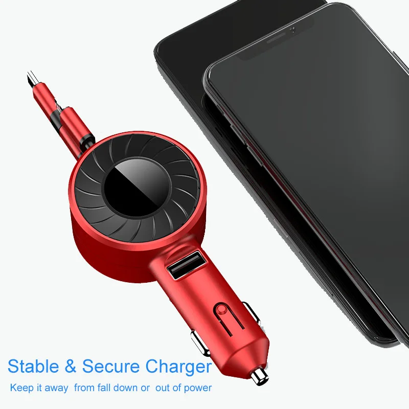 
PENGTENG New Arrival 4.2A Output Dual Retractable Cable Car Charger One USB Port Car Fast Charger With Flexible Type-C Cable 