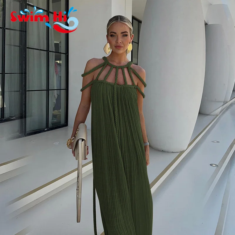 2024 Summer Long Dress Halter Deep V-neck Backless Club Wear Knitted Sexy Hollow-out Handmade Rope Design Dress