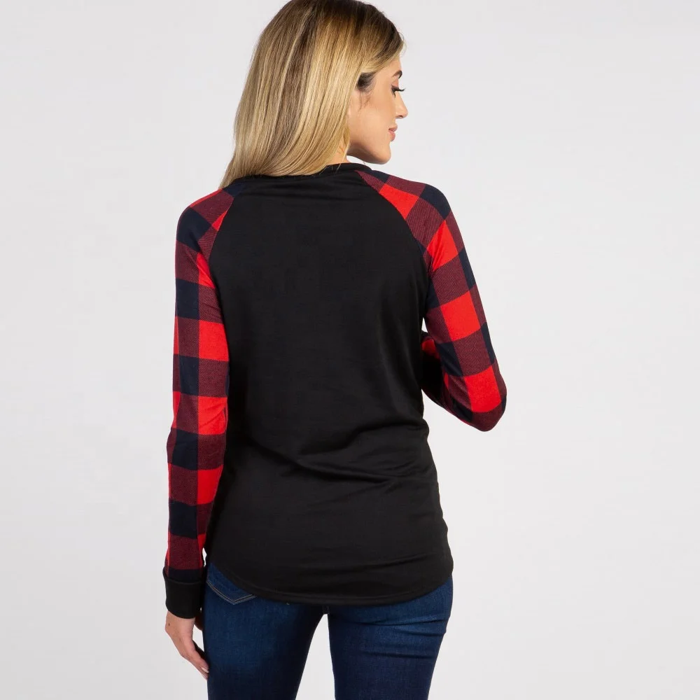 Round neck printed plaid long-sleeved maternity top  Lady Maternity Dress