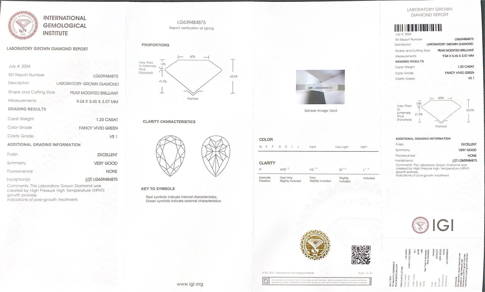 Pear Cut HPHT CVD Fancy Vivid Green Color Lab Created Diamonds 1.23CT VS1 Excellent Cut Lab Grown Diamonds with IGI Certificate