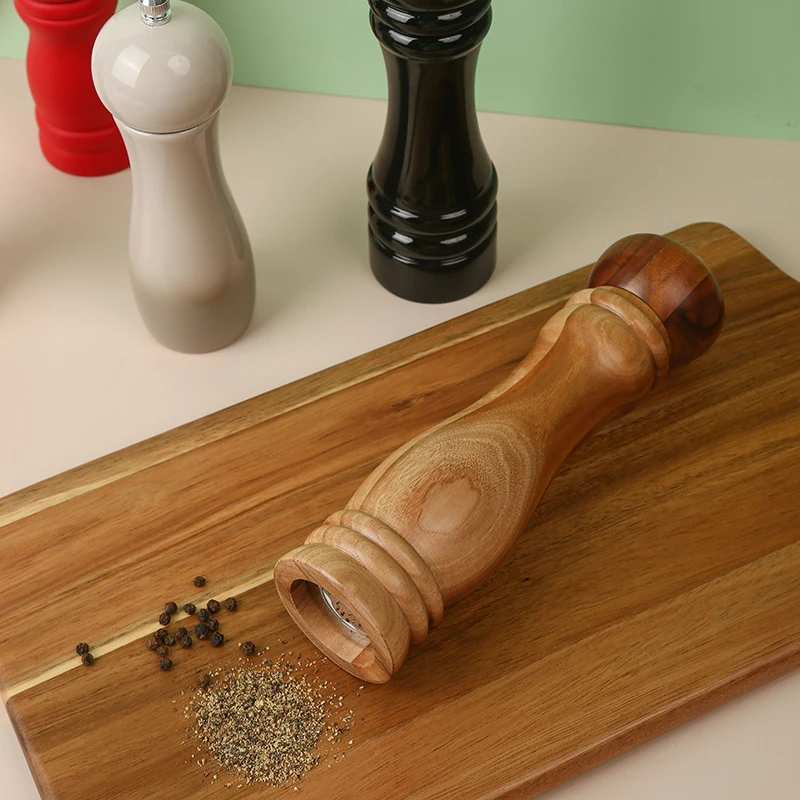  Multi Size Kitchen Spice Tools Rubber Wood Pepper Mill Salt Grinder with Ceramic Core Black Red White Color