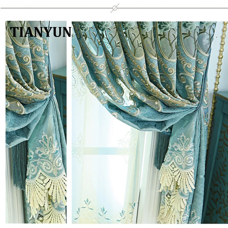 Living Room Curtain Embroidered Blue Luxury European Curtain With Valance Designs House Home Office Decoration