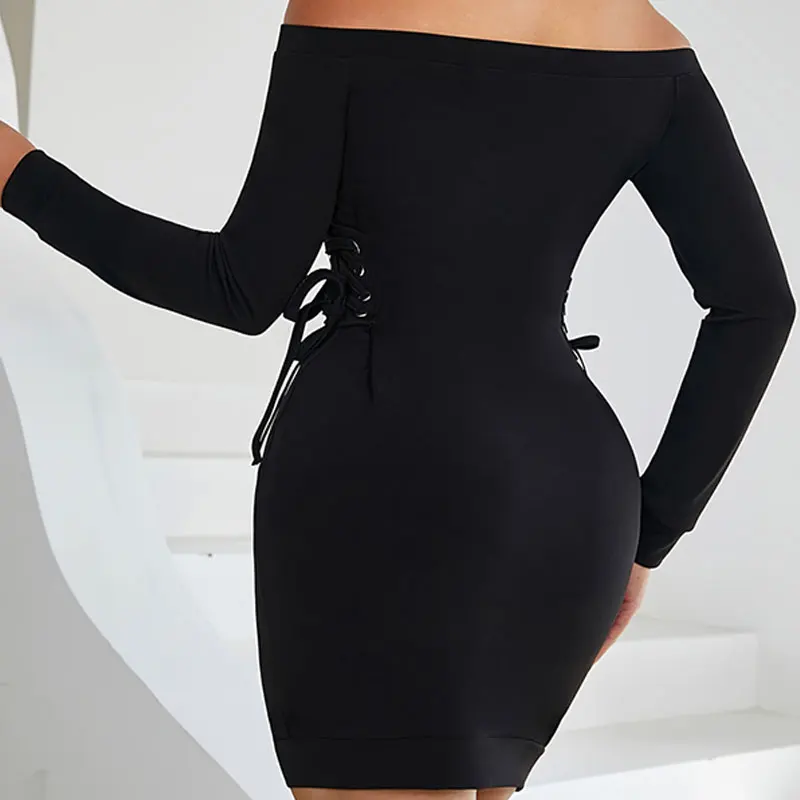 Women Elegant Banquet Long Sleeve Balloon Evening Dress robe moulante Ladies Off Shoulder Drawstring Bodycon Dress
