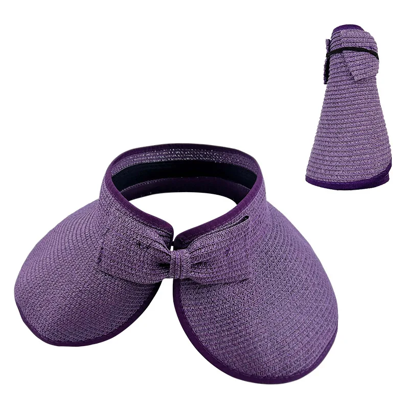 Stock Women Portable Casual Paper Straw Visor Cap Sun Beach Wide Brim Hat Airtop Visor Foldable Straw Hats